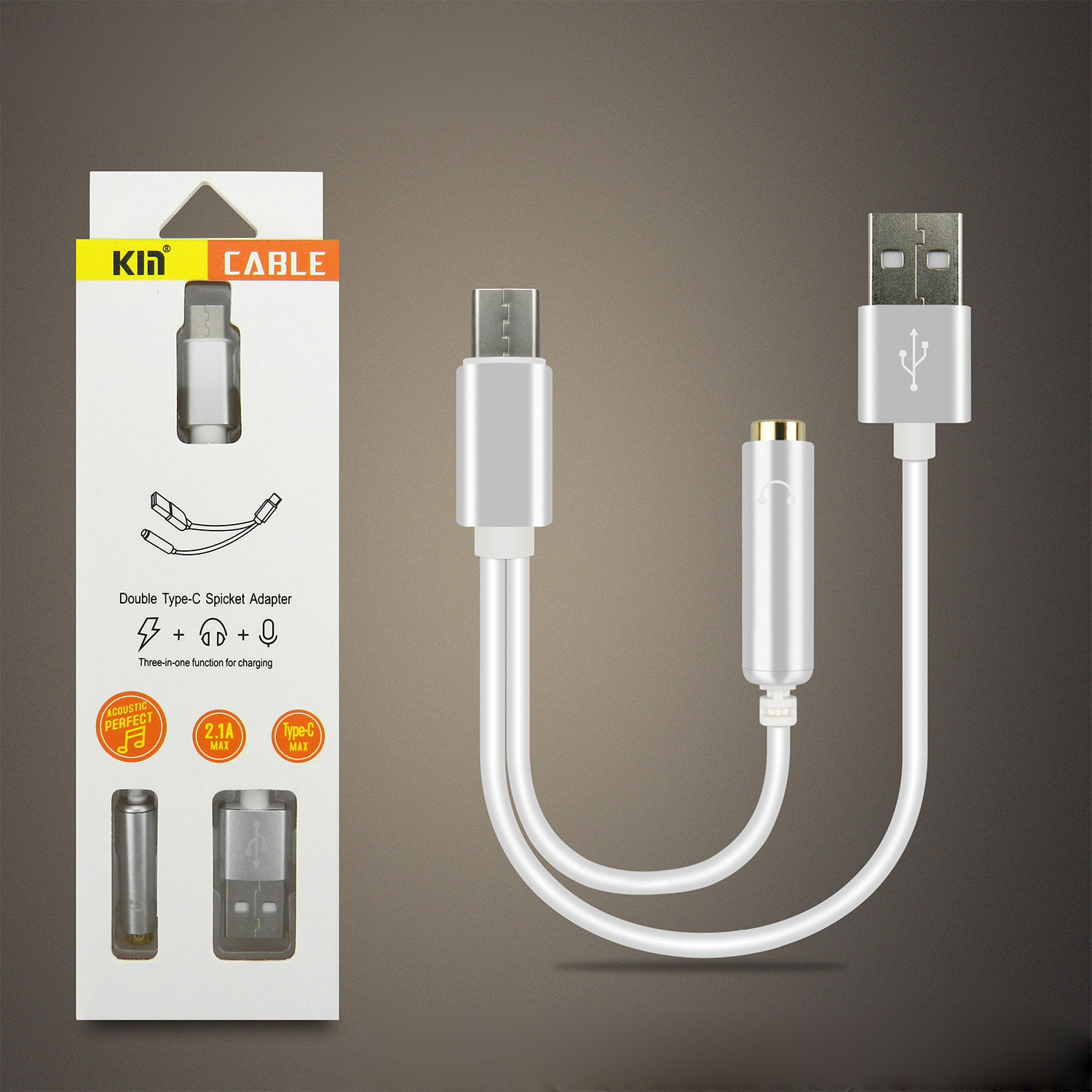 SHORT Type-C USB Charging Cable and 3.5mm Jack AUX Headphone Audio Adapter Dongle 9.5in (Silver)